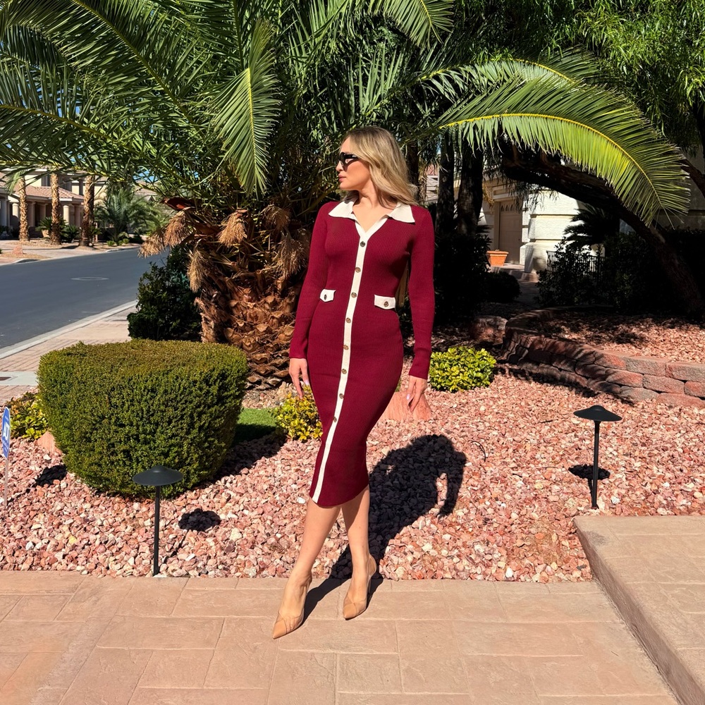 Women’s Long Sleeve Burgundy Knit Button-Front Dress with Contrast Trim